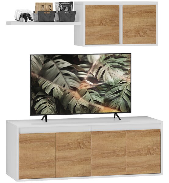 HOMCOM Set Mobile TV e Armadietto a Muro con 7 Ripiani e Scaffale Aperto, in Legno, 120x41x43.3 cm, Bianco e color Legno