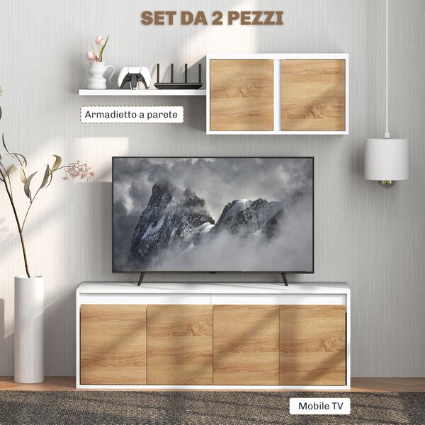 HOMCOM Set Mobile TV e Armadietto a Muro con 7 Ripiani e Scaffale Aperto, in Legno, 120x41x43.3 cm, Bianco e color Legno