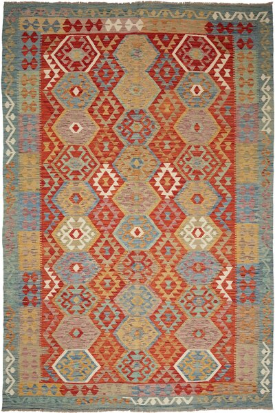 Tappeto Kilim Afghanistan Geometrico Terracotta Blu 200x297 Cm