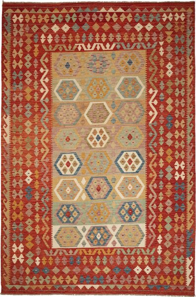 Tappeto Kilim Afghanistan Geometrico Rosso Multicolore 197x304 Cm