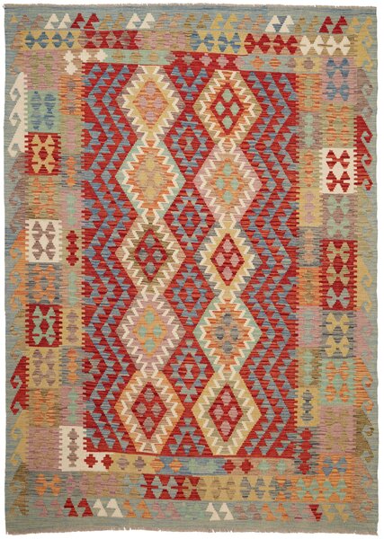 Tappeto Kilim Afghanistan Geometrico Rosso Azzurro 170x241 Cm