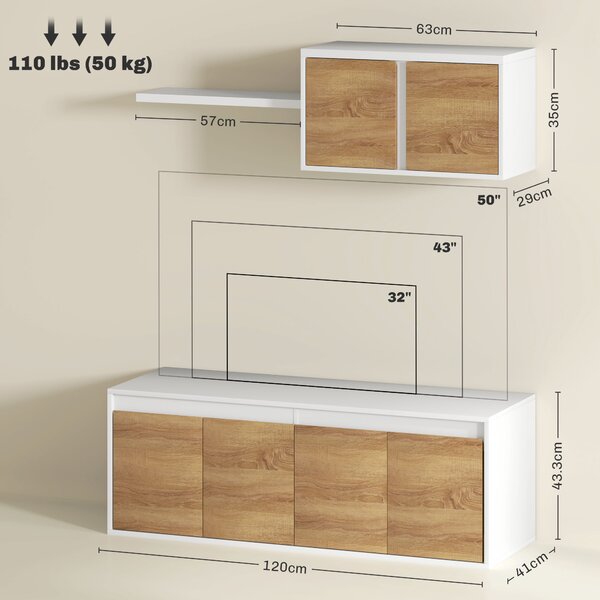 HOMCOM Set Mobile TV e Armadietto a Muro con 7 Ripiani e Scaffale Aperto, in Legno, 120x41x43.3 cm, Bianco e color Legno