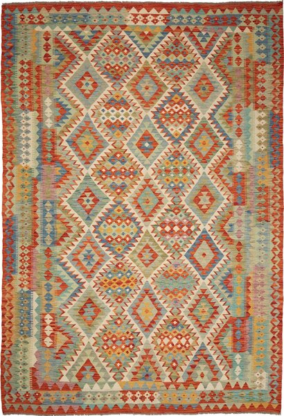 Tappeto Kilim Afghanistan Geometrico Rosso Azzurro 204x294 Cm