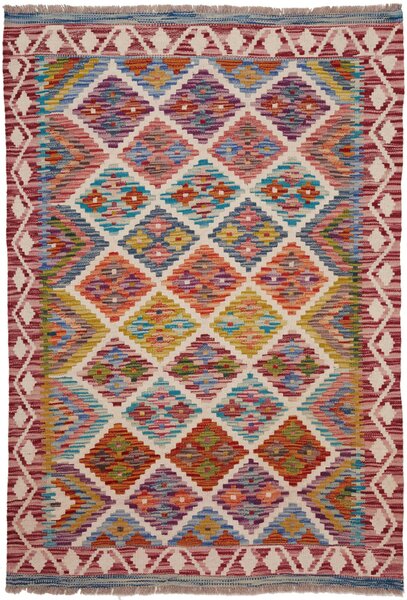 Tappeto Kilim Afghanistan Astratto Multicolore Sfondo Crema 103x149 Cm