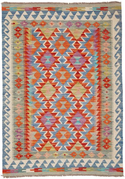 Tappeto Kilim Afghanistan Geometrico Blu Cielo Arancione Bruciato 101x143 Cm