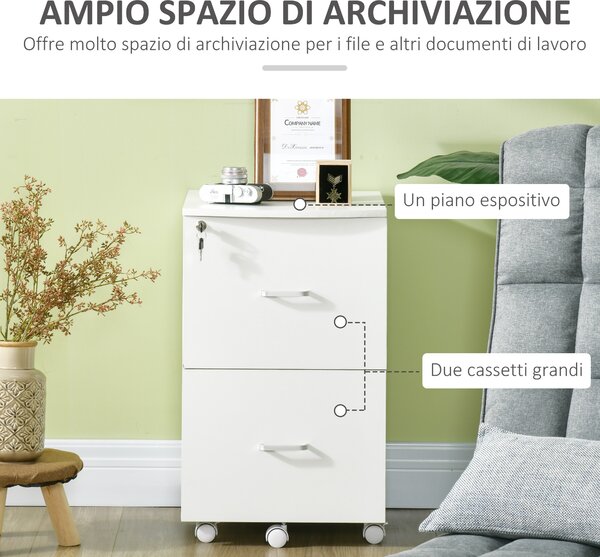 Vinsetto Armadietto da Ufficio con 2 Cassetti e 5 Ruote, Schedario in MDF e Truciolato, 43x45x72 cm, Bianco|Aosom