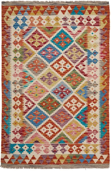 Tappeto Kilim Afghanistan Geometrico Multicolore Sfondo Chiaro 97x151 Cm