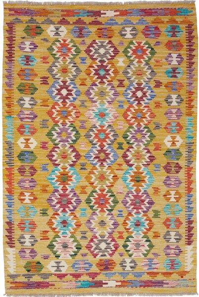 Tappeto Kilim Afghanistan Geometrico Giallo Ocra Multicolore 99x147 Cm