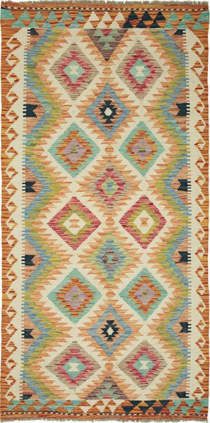 Tappeto Kilim Afghanistan Geometrico Crema Arancione 101x202 Cm