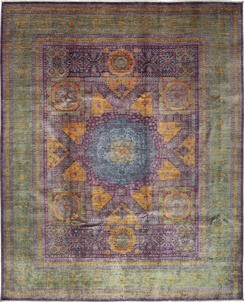 Tappeto Mamlouk Pakistan Geometrico Verde Turchese Viola 243x303 Cm
