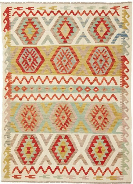 Tappeto Kilim Afghanistan Geometrico Crema Rosso 141x188 Cm