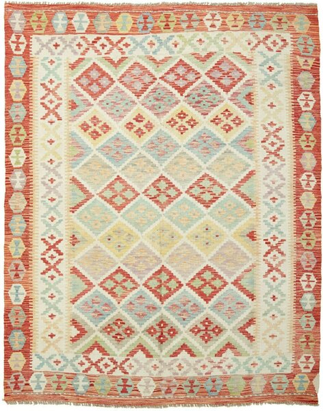 Tappeto Kilim Afghanistan Geometrico Crema Rosso 157x195 Cm