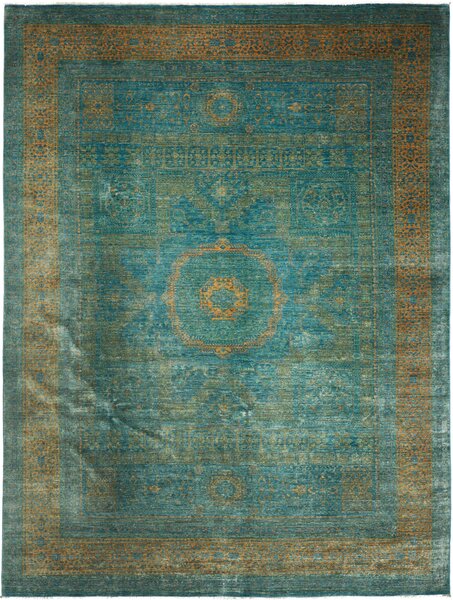 Tappeto Mamlouk Pakistan Geometrico Turchese Oro 267x358 Cm