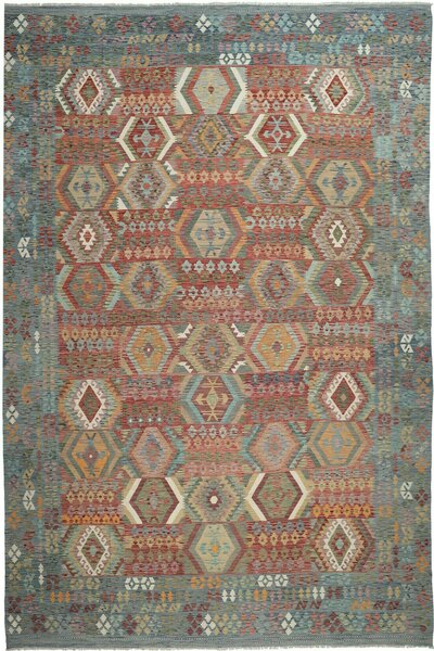 Tappeto Kilim Afghanistan Geometrico Azzurro Terracotta 402x596 Cm