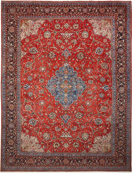 Tappeto Sarough Persia Medaglione Rosso Blu Navy 280x365 Cm