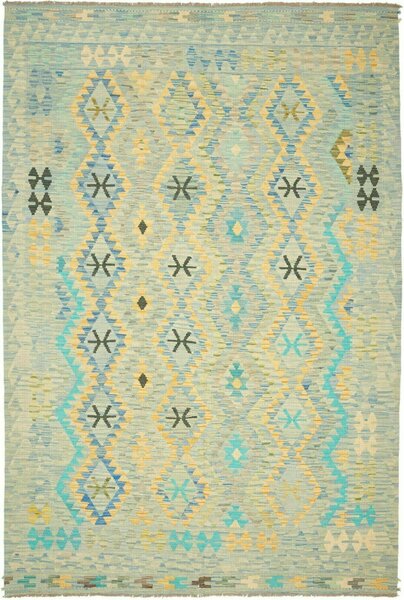 Tappeto Kilim Afghanistan Geometrico Azzurro Giallo 199x307 Cm