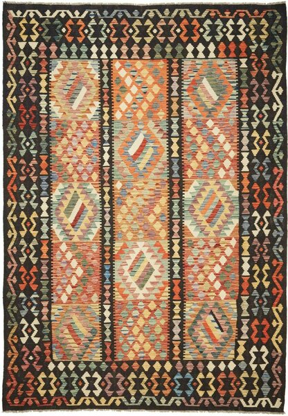 Tappeto Kilim Afghanistan Astratto Multicolore Nero Arancio 203x297 Cm