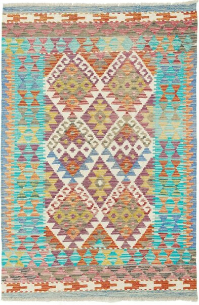 Tappeto Kilim Afghanistan Geometrico Multicolore Turchese 102x150 Cm
