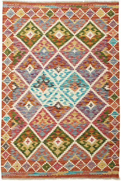 Tappeto Kilim Afghanistan Geometrico Multicolore Arancio 102x147 Cm