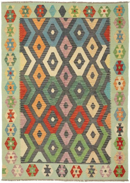 Tappeto Kilim Afghanistan Astratto Verde Menta Multicolore 170x244 Cm