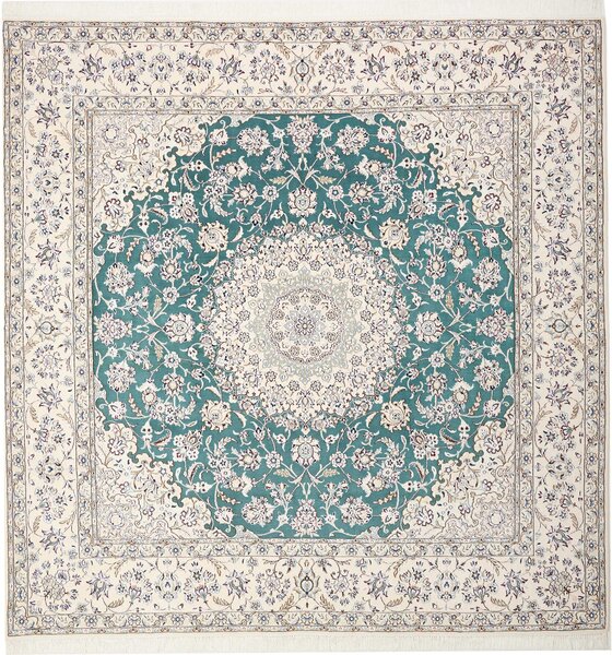 Tappeto Nain 9la Persia Medaglione Avorio Verde Petrolio 251x253 Cm