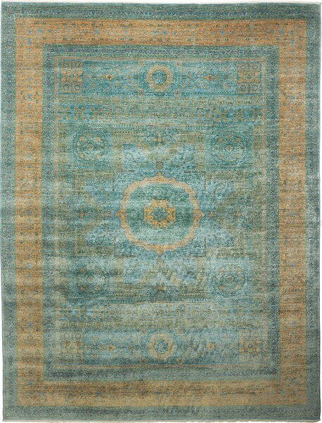Tappeto Mamlouk Pakistan Medaglione Turchese Oro 272x356 Cm