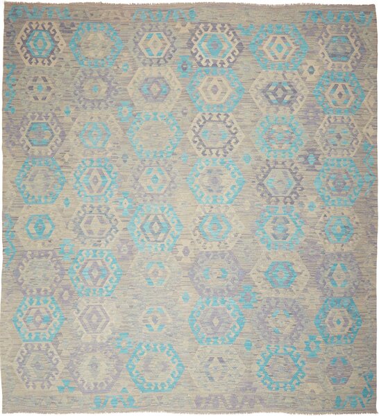 Tappeto Kilim Afghanistan Geometrico Grigio Azzurro Lavanda 262x290 Cm