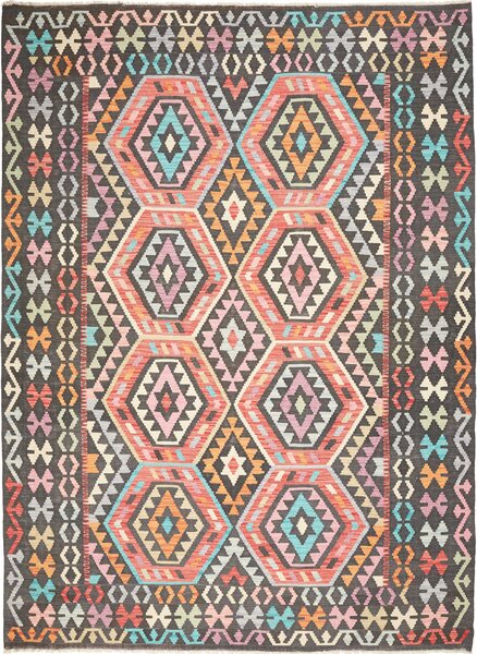 Tappeto Kilim Afghanistan Geometrico Antracite Pastello 206x278 Cm
