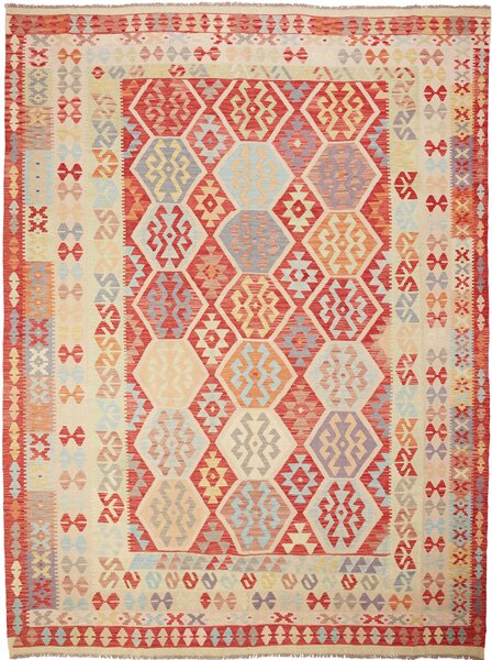 Tappeto Kilim Afghanistan Geometrico Rosso Beige 254x340 Cm