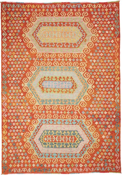 Tappeto Kilim Afghanistan Geometrico Arancio Policromo 203x290 Cm
