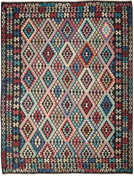 Tappeto Kilim Afghanistan Geometrico Nero Policromo 267x346 Cm