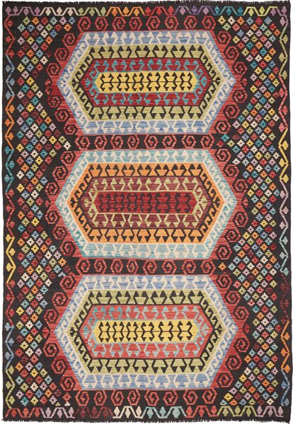 Tappeto Kilim Afghanistan Astratto Nero Multicolore 201x289 Cm