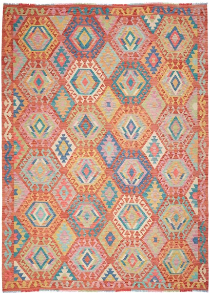 Tappeto Kilim Afghanistan Geometrico Rosso Vivace 207x293 Cm