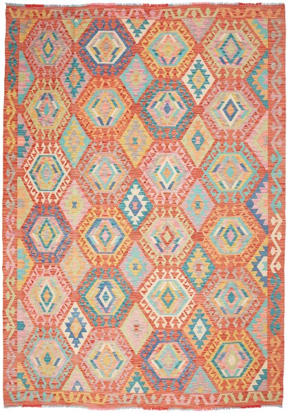 Tappeto Kilim Afghanistan Geometrico Terracotta Azzurro 208x297 Cm