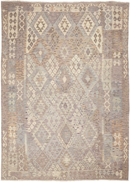 Tappeto Kilim Afghanistan Geometrico Grigio Beige Marrone 212x293 Cm