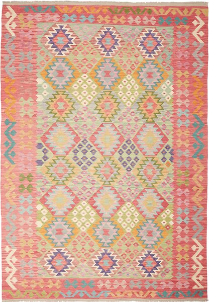 Tappeto Kilim Afghanistan Geometrico Rosa Verde 205x293 Cm