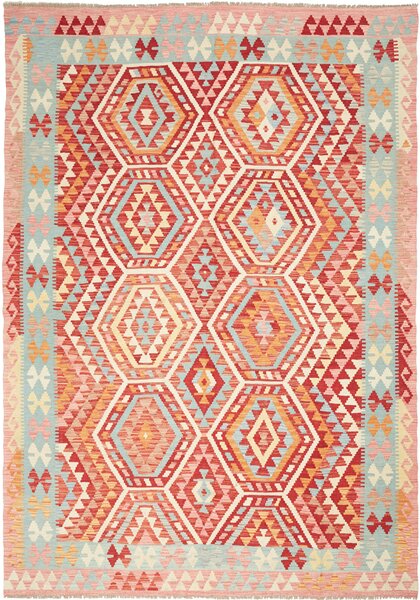 Tappeto Kilim Afghanistan Geometrico Rosso Turchese 197x282 Cm
