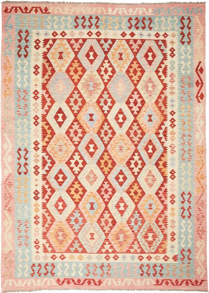 Tappeto Kilim Afghanistan Astratto Rosso Azzurro Beige 208x288 Cm