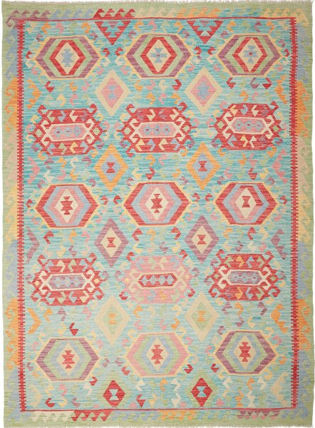 Tappeto Kilim Afghanistan Geometrico Turchese Rosso 205x282 Cm