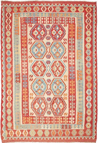 Tappeto Kilim Afghanistan Geometrico Rosso Azzurro 207x299 Cm