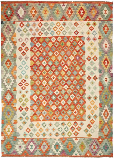 Tappeto Kilim Afghanistan Geometrico Arancio Azzurro 207x288 Cm
