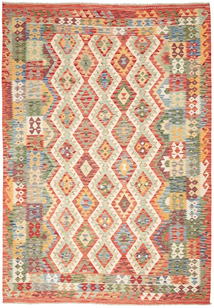 Tappeto Kilim Afghanistan Astratto Terracotta Multicolore 205x293 Cm