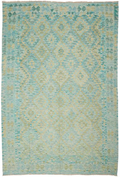 Tappeto Kilim Afghanistan Geometrico Turchese Giallo Tenue 180x266 Cm