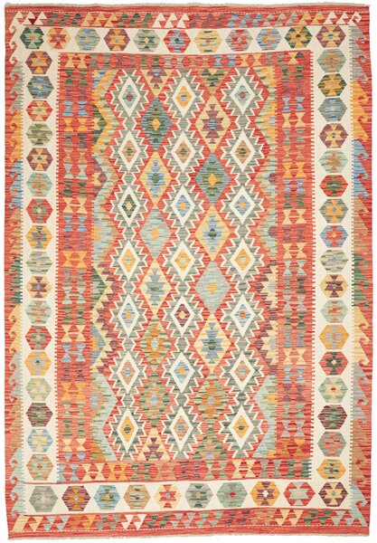 Tappeto Kilim Afghanistan Astratto Rosso Beige 205x297 Cm