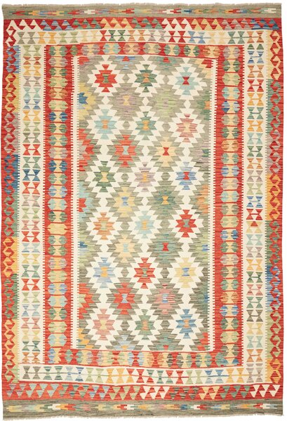Tappeto Kilim Afghanistan Geometrico Rosso Beige 205x290 Cm