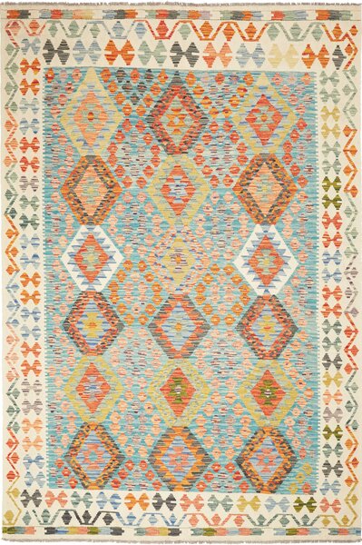 Tappeto Kilim Afghanistan Geometrico Turchese Arancio 204x306 Cm