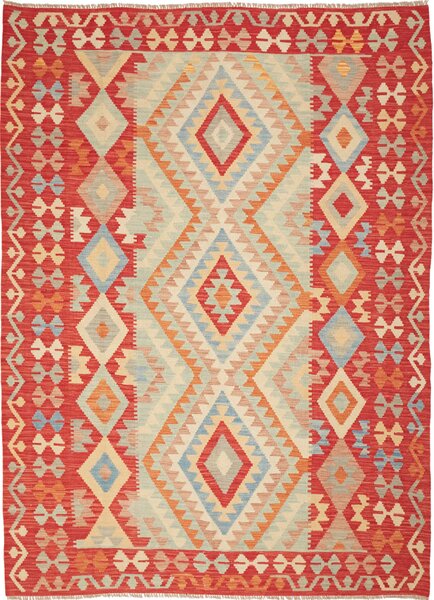 Tappeto Kilim Afghanistan Geometrico Rosso Azzurro 177x245 Cm