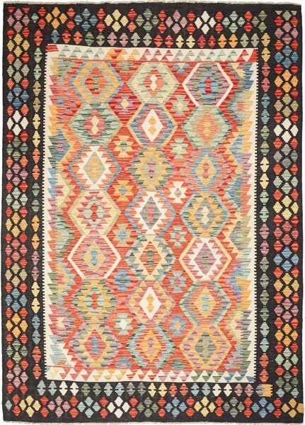 Tappeto Kilim Afghanistan Astratto Multicolore Bordo Nero 209x287 Cm
