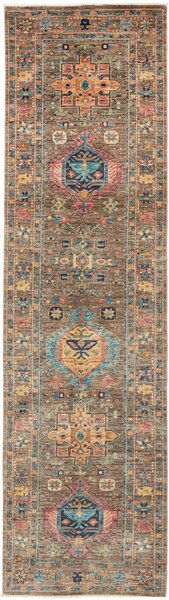 Tappeto Tribal Pakistan Geometrico Marrone Ocra Turchese 81x294 Cm