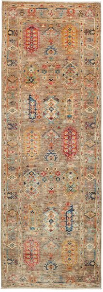 Tappeto Tribal Pakistan Geometrico Greige Colori Vivaci 78x232 Cm